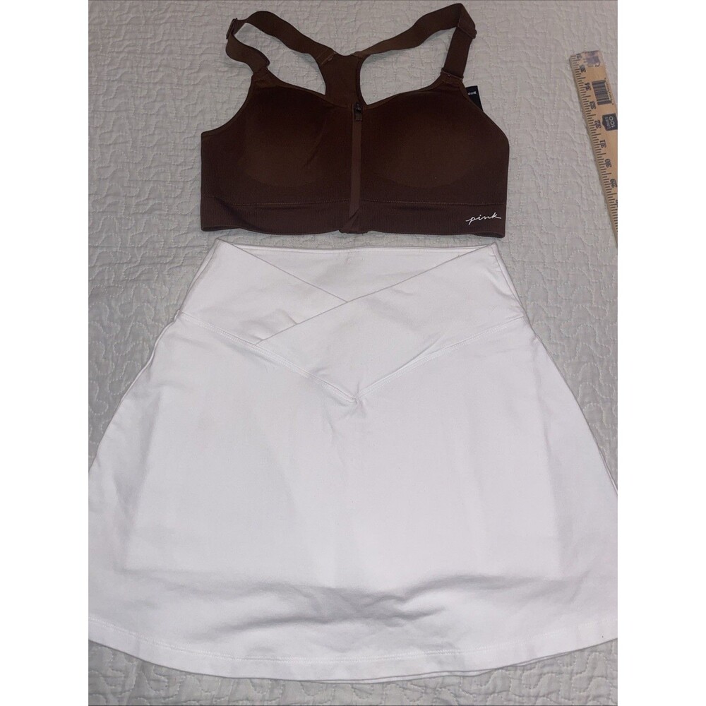 VS Pink Zip Up Medium Bra Sports Brown White Pull-on Skirt Size M Exercise